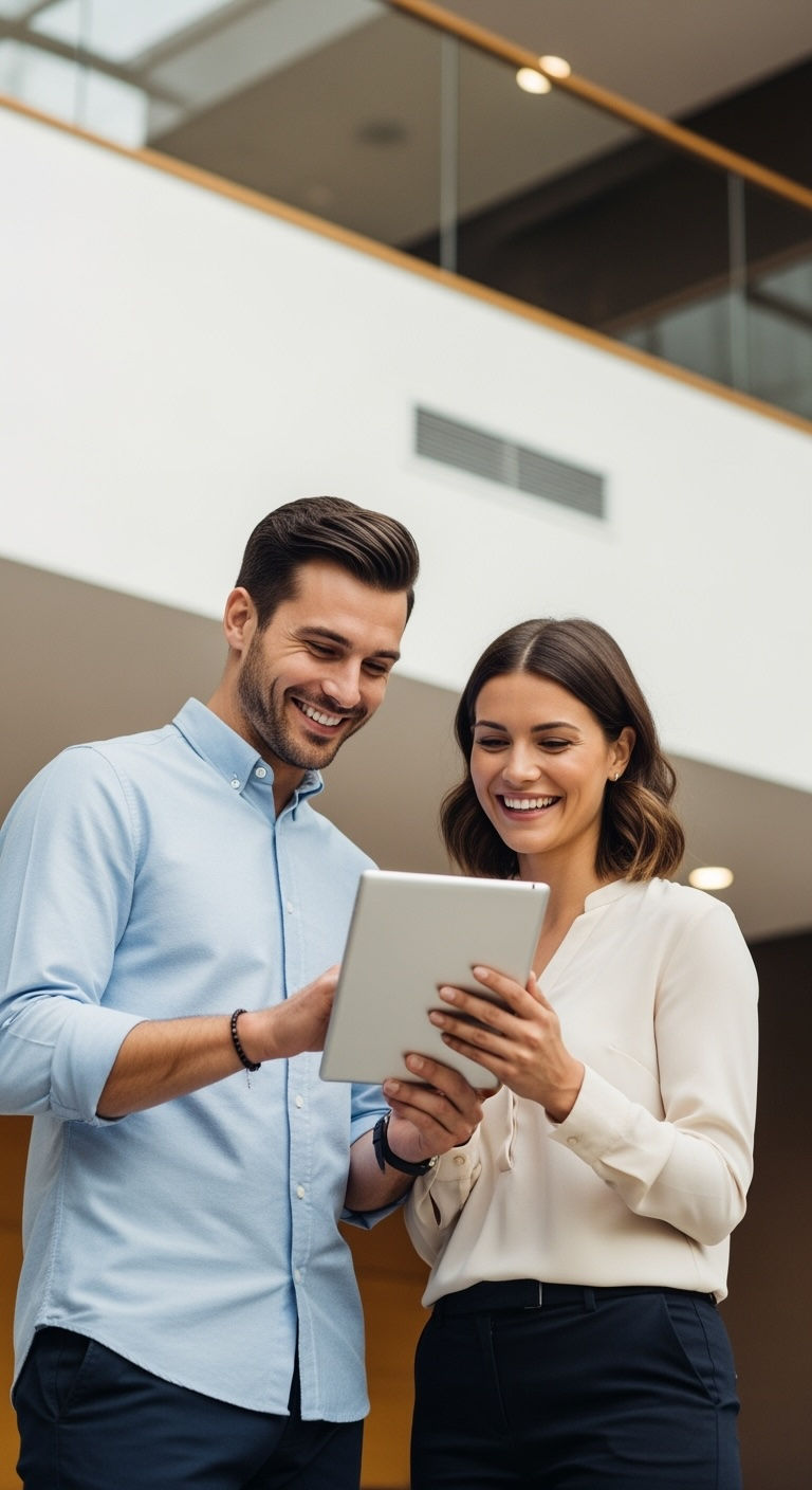 Happy couple reviewing their Integra Credit loan application on a tablet